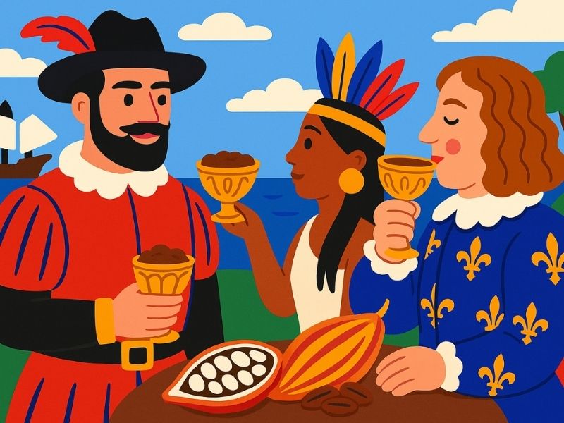 origine du chocolat explorateurs et peuples buvant du chocolat