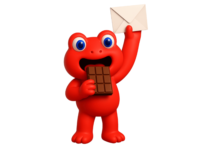 mascotte du grand goûter en train de manger du chocolat avec une enveloppe à la main
