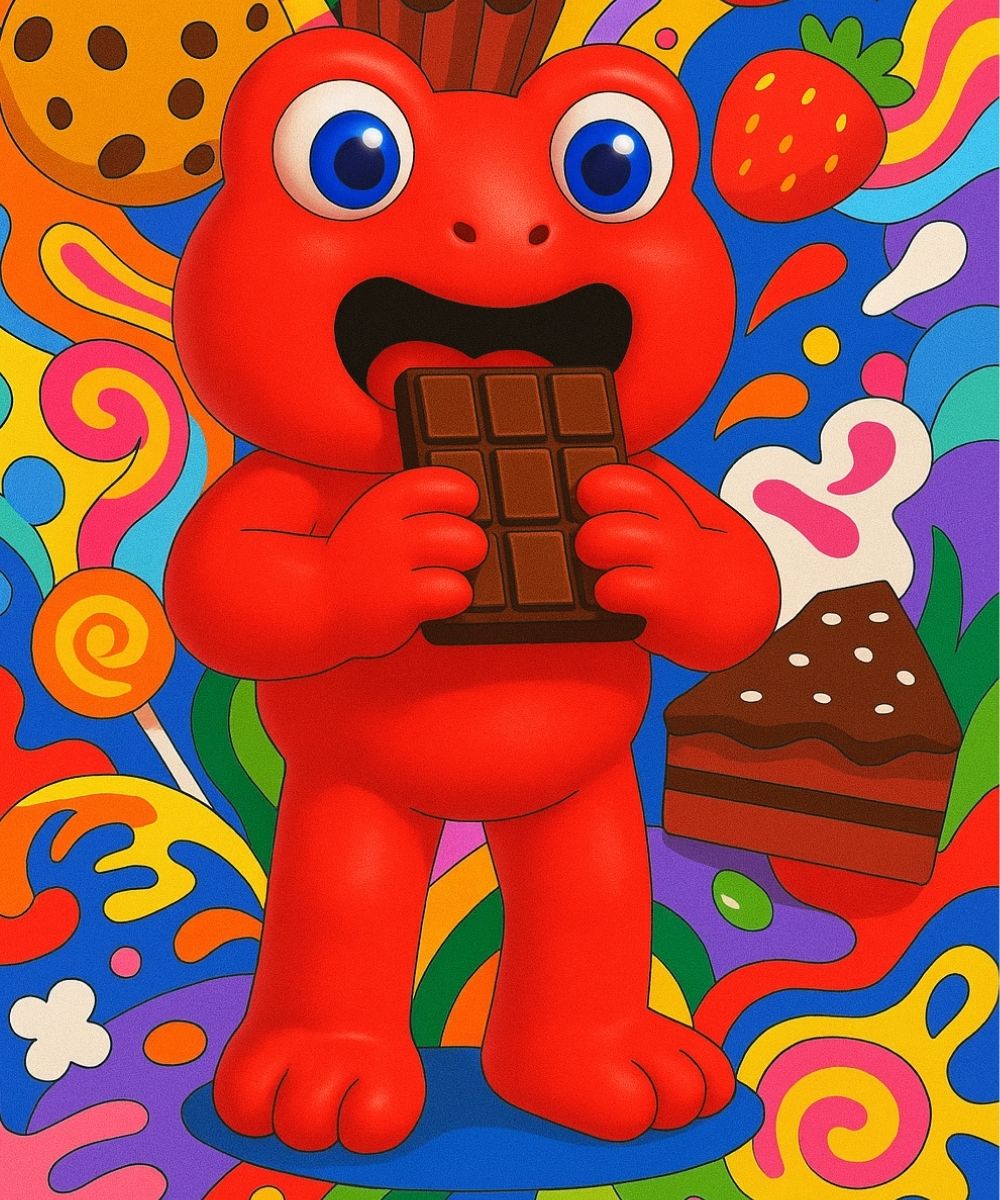 mascotte le grand goûter en train de manger une tablette de chocolat avec un fond coloré